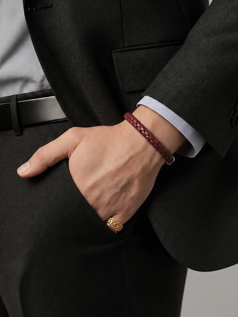 Braided Leather Men's Bracelet - burgundy leather☑️